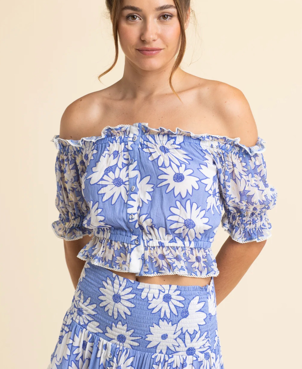 Sunday St. Tropez Skirt Set Ashley Top Natalia Daisy Skirt Blue Small OS